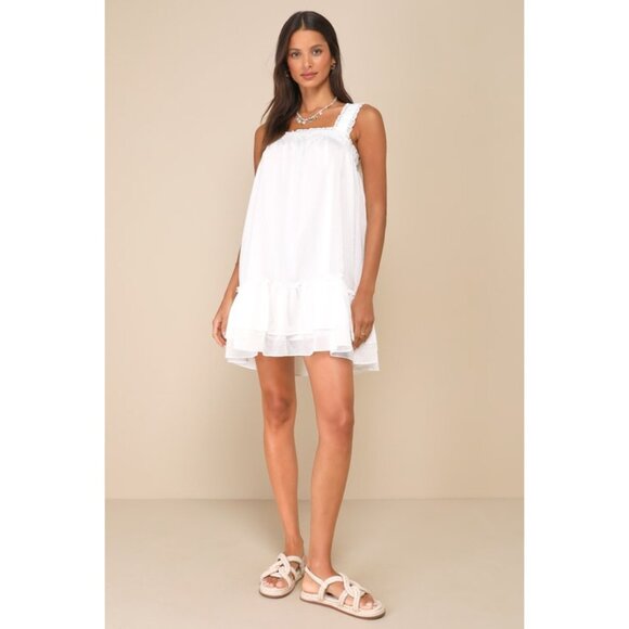 Lulus Dresses & Skirts - NWT Lulus Sensationally Precious White Bow Ruffled Mini Shift Dress NEW